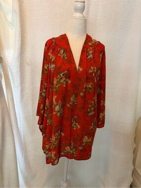 Bird Botanical Print Kimono Tunic Boho Cottagecore Flowy Red